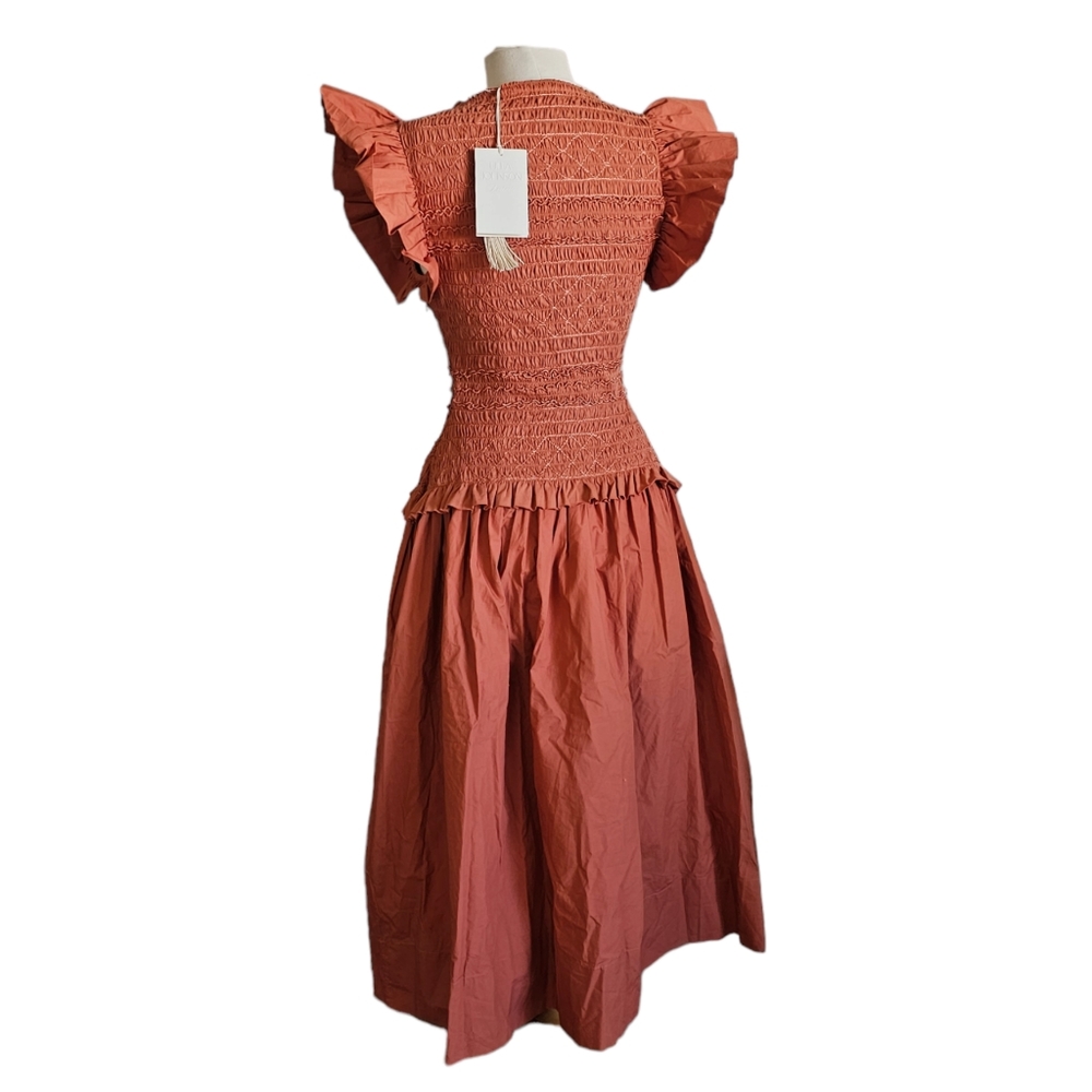 ULLA JOHNSON Madeline smocked cotton-jersey and cotton-poplin midi Dress Size 2 - Picture 2 of 7